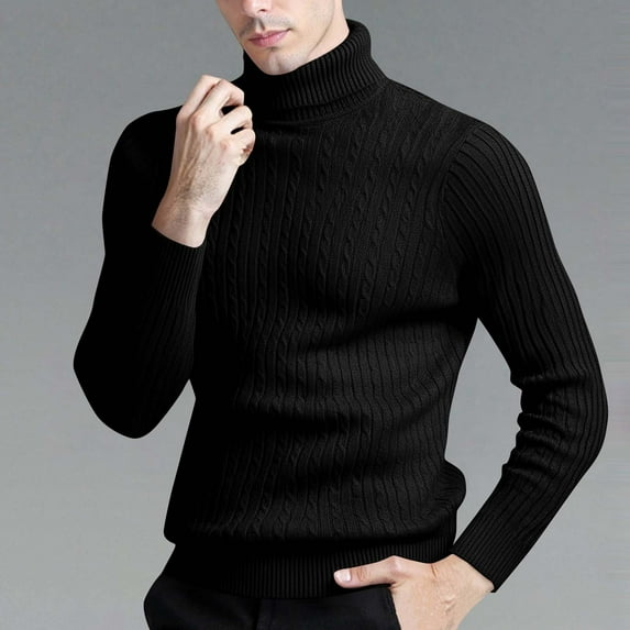 Handshe Men's High Neck Sweater, Solid Color Stretch Fit Slim Cable Knit Casual Long Sleeve Pullover for Daily Wear, Winter Layering,Plus Size