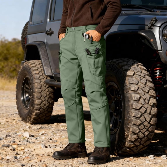 Handshe Men's Hiking Cargo Pants, Solid Color Waterproof Elastic Waist Fleece-Lined with Multiple Pockets for Adventure Travel and Everyday Wear