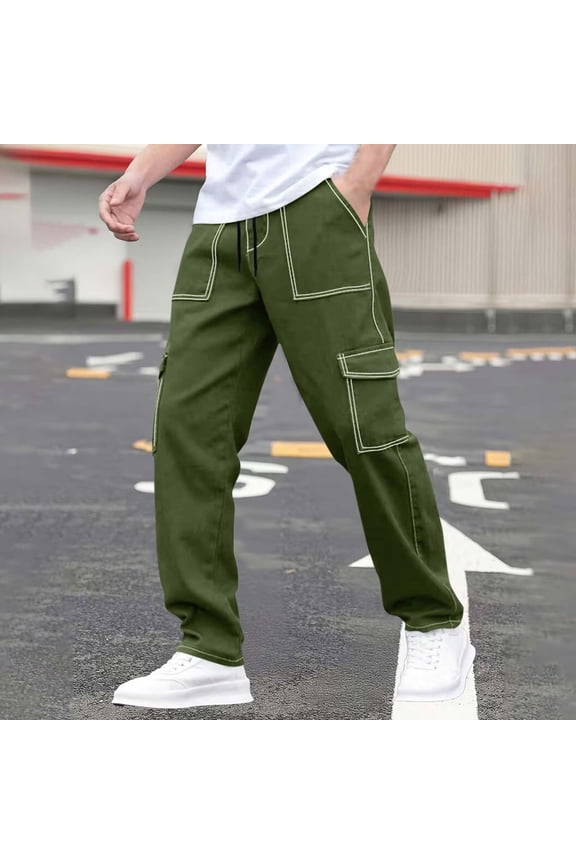 Men's Hiking Cargo Pants, Solid Color with Multiple Pockets and Drawstring Waist for Outdoor Sports and Everyday Use