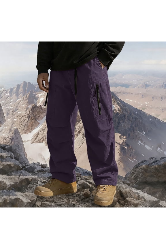 Men's Hiking Pants, Solid Color Elastic Waist with Fleece-Lined Pockets, Water-Resistant Outdoor Thermal Trousers for Cold Weather and Daily Use