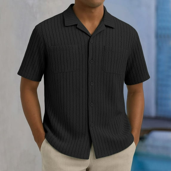 Handshe Men's Hollowed Out Short Sleeved Shirt with Loose Double Pockets and Knitted Texture for Sun Protection and Vacation Style