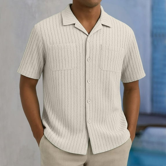 Handshe Men's Hollowed Out Short Sleeved Shirt with Loose Double Pockets and Knitted Texture for Sun Protection and Vacation Style