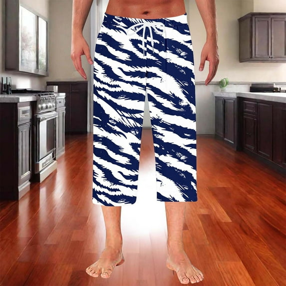 Handshe Men's Home Sleep Pants Printed Straight Leg Elastic Waist with Pockets Casual Lounge Capris