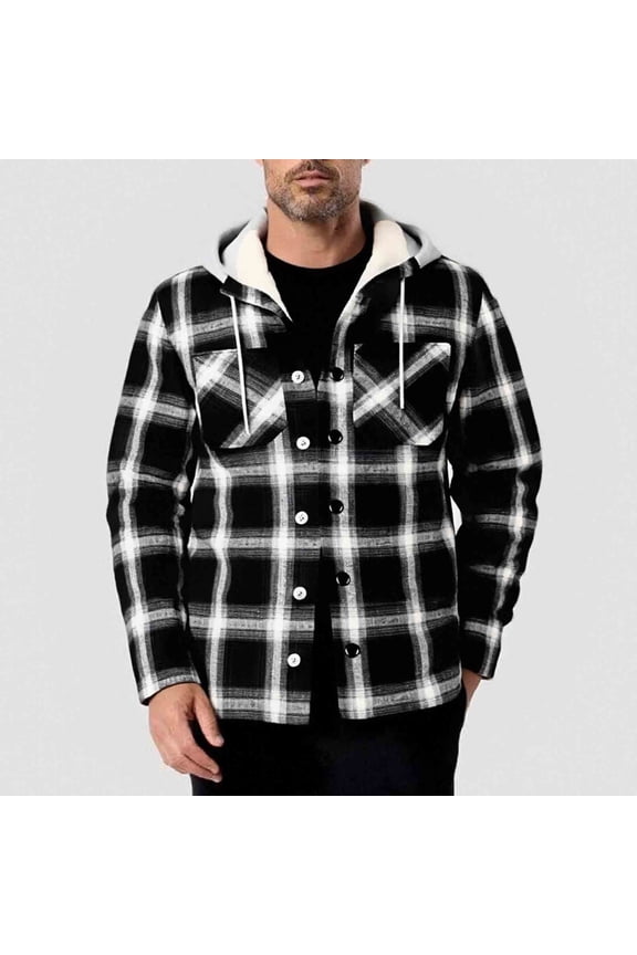 Men's Hooded Jacket, Fashion Checkered Loose Fit with Button Closure and Drawstring, Plush-Lined Warm Casual Outdoor Wear for Daily Use and Activities