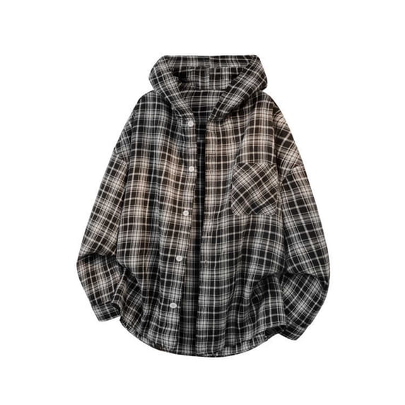 Handshe Men's Hooded Plaid Jacket, Long Sleeve with Button Front and Pocket, Casual Outerwear for Daily Wear and Outdoor Activities