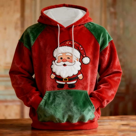 Handshe Men's Hooded Sweatshirt, Casual Loose Fit Pullover with Front Pockets and Christmas Print for Christmas, Casual and Daily Wear