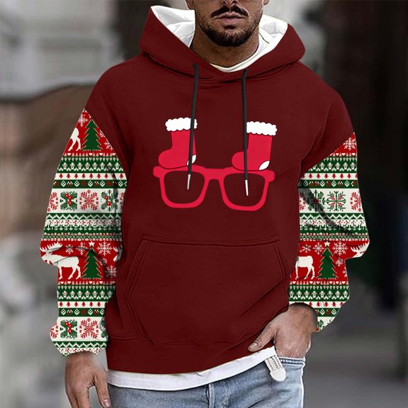 Handshe Men's Hooded Sweatshirt, Christmas Print Long Sleeve Pullover for Festive Season and Casual Wear