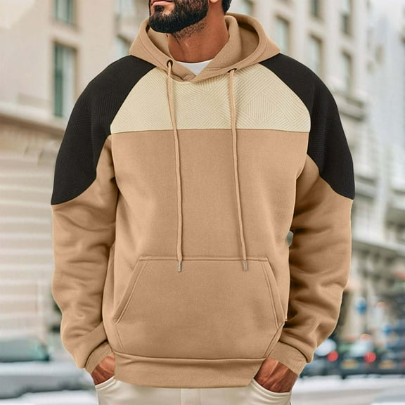 Handshe Men's Hooded Sweatshirt, Color-Block Raglan Sleeve Casual Fleece-Lined Long Sleeve Pullover, Casual Streetwear for Autumn Winter Outdoor Fashion,Plus Size