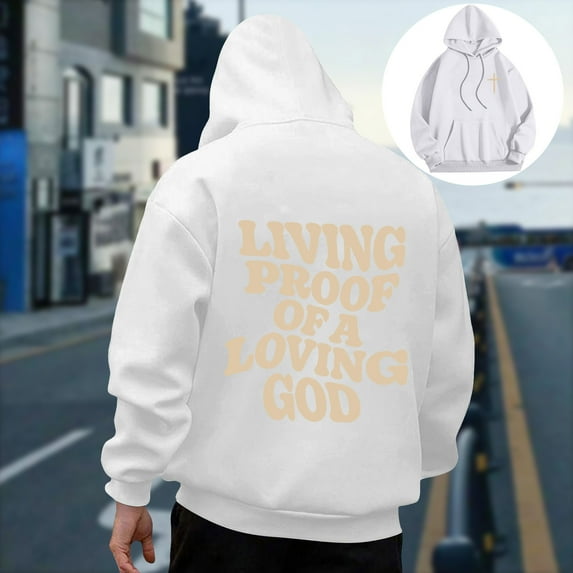 Handshe Men's Hooded Sweatshirt, Cross & Letter Print Pullover Long Sleeve with Pocket, Streetwear Casual Outfit for Men,Plus Size