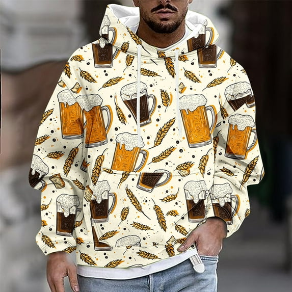 Handshe Men's Hooded Sweatshirt, Fashionable Pullover Long Sleeve with Beer Festival Graphic Print, Front Kangaroo Pocket and Adjustable Drawstring, Casual Streetwear for Everyday Outfits,Plus Size