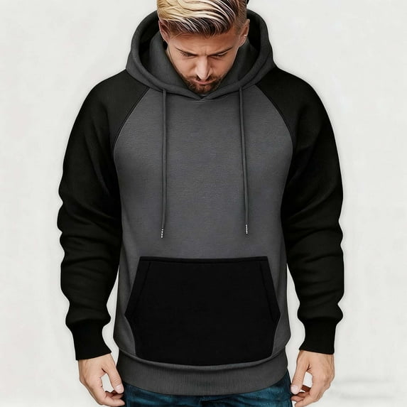 Handshe Men's Hooded Sweatshirts, Fleece-Lined Color Block Casual Pullover with Pocket, Outdoor Leisure Daily Casual Wear
