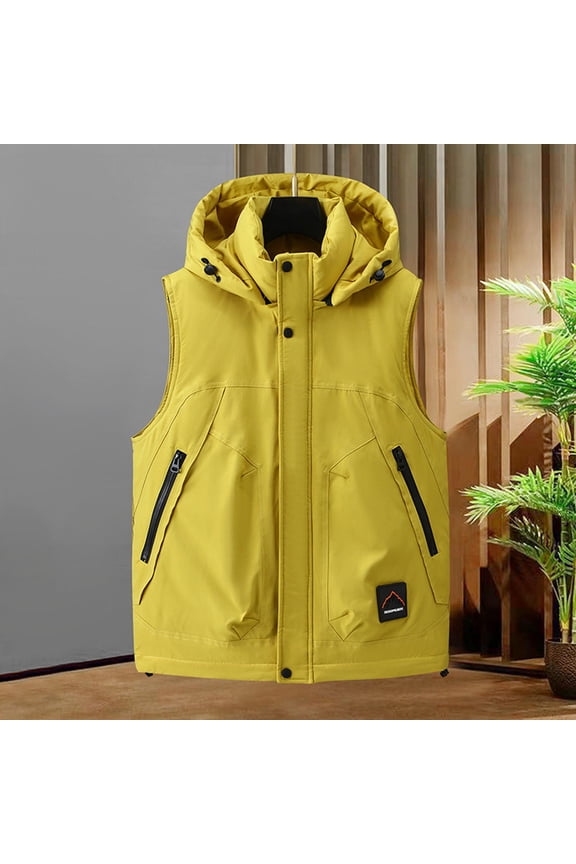 Men's Hooded Vest, Sleeveless with Zipper Pockets, Thickened Cotton Casual Outerwear for Outdoor Layering and Daily Wear