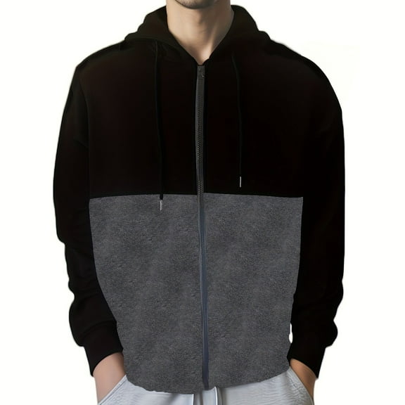 Handshe Men's Hooded Zip-Up Sweatshirt, Color-Block Casual Pullover with Kangaroo Pocket, Cozy Streetwear for Outdoor Activities,Plus Size