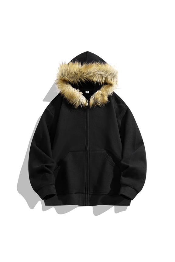 Men's Hooded Zip-Up Sweatshirt Jacket, Heavyweight Long Sleeve Solid Color Detachable Fleece Lining Outerwear for Men, Outdoor Casual Streetwear