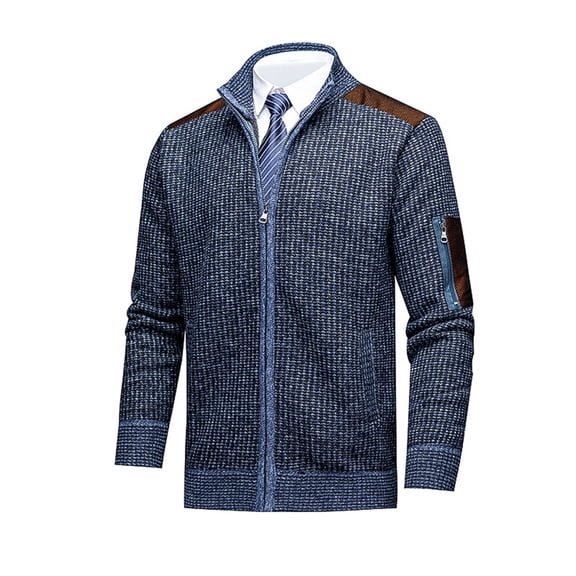 Handshe Men's Knit Cardigan Jacket, Stand Collar with Sleeve Zipper Pockets, Fleece-Lined Long Sleeve for Casual Outdoor Wear