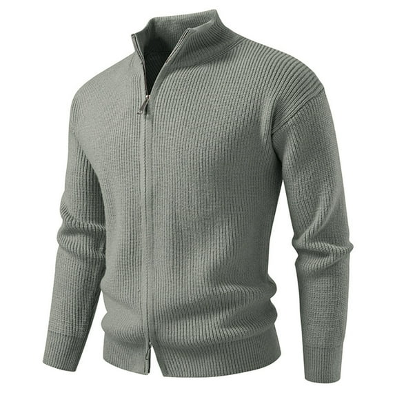 Handshe Men's Knit Cardigan - Stand-Up Collar Double-Zip Solid Color/Chunky Cable Knit for Fall