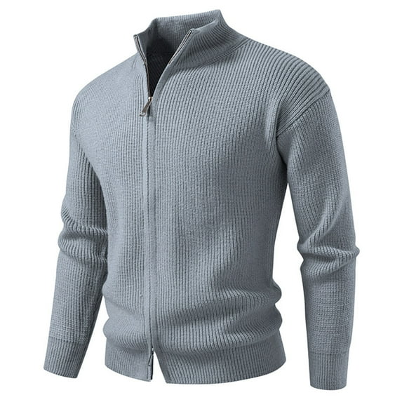 Handshe Men's Knit Cardigan - Stand-Up Collar Double-Zip Solid Color/Chunky Cable Knit for Fall