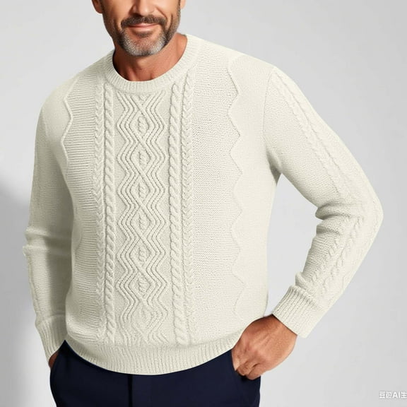 Handshe Men's Knit Pullover Sweater Crewneck Long Sleeve Elastic Cable Twist Casual Fisherman Base Layer