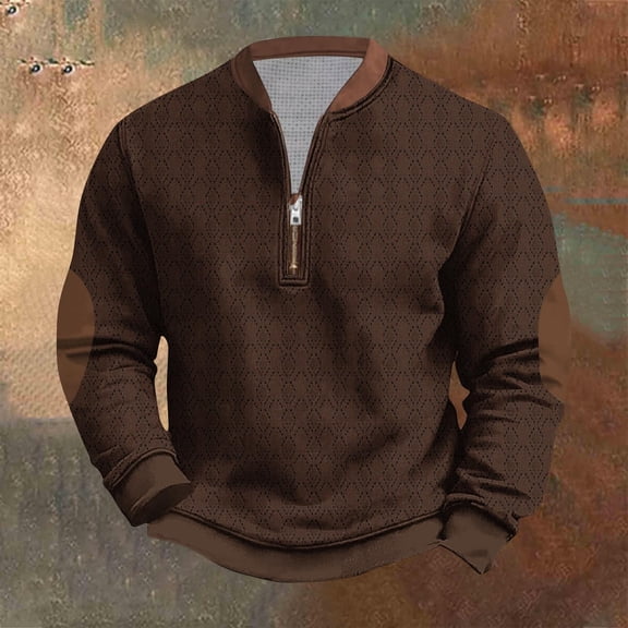 Handshe Men's Knit Sweatshirt, Printed with Half Zip Round Neck, Retro Pullover Long Sleeve for Casual and Outdoor Wear
