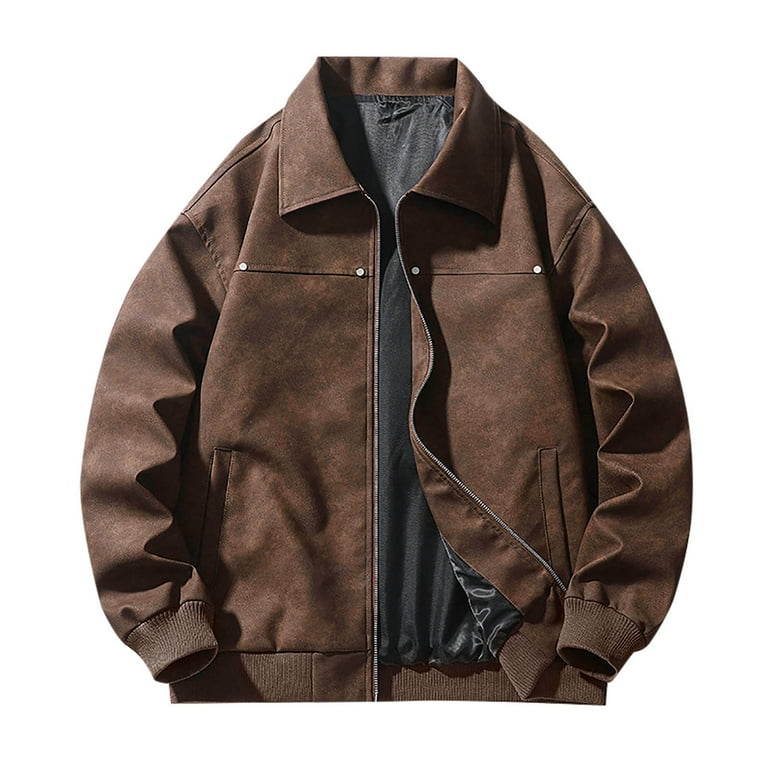 Handshe Men's Leather Biker Jacket, Notched Collar Retro