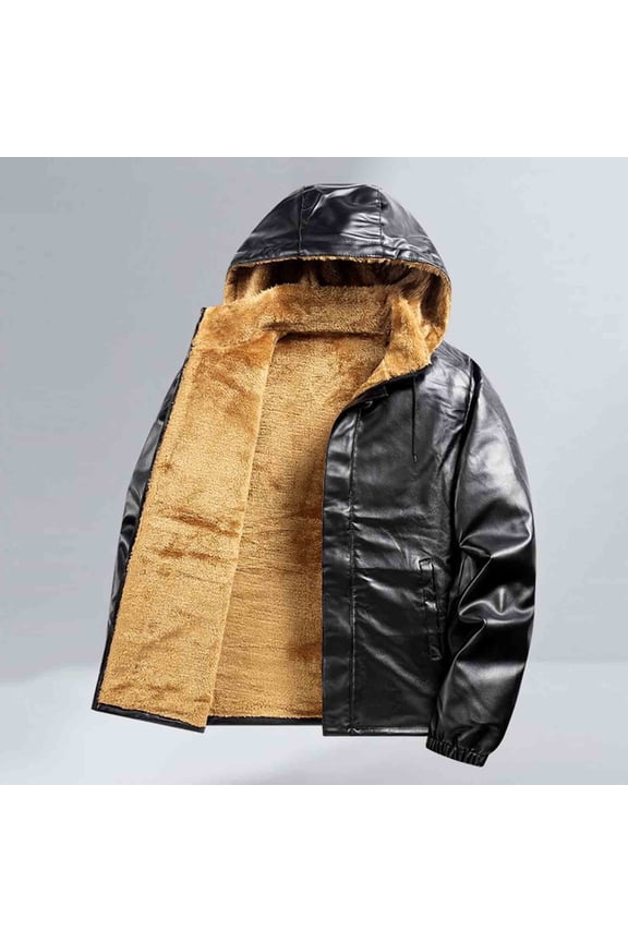 Men's Leather Jacket, Solid Color with Zip Pockets and Fleece-Lined Windproof Warm Stand Collar Coat for Outdoor and Daily Wear in Cold Weather