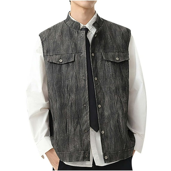 Handshe Men's Leather Vest, Solid Color Motorcycle Style Round Neck Sleeveless Hoodless, Casual Biker Vest for Outdoor and Daily Wear