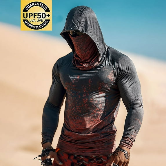 Handshe Men's Lightweight Sun Protective Hoodie, UPF 50+ UV Protection Long Sleeve Shirt with Face Cover, Breathable Athletic Jacket for Hiking Running Outdoor Activities,Plus Size
