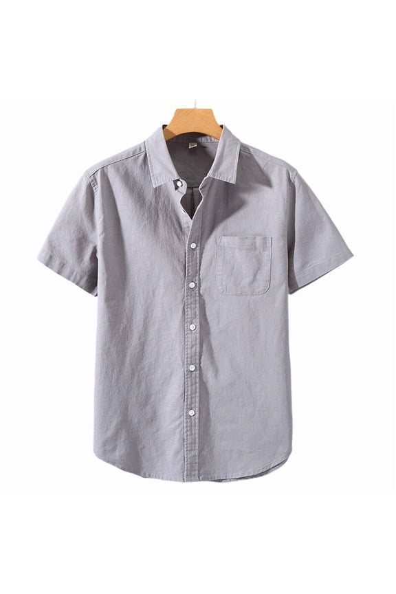 Men's Linen Cotton Blend Short Sleeve Shirt, Solid Color Casual Comfortable Loose Fit, Button-Down Collar Summer Shirt for Casual and Daily Wear