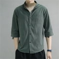 thumbnail image 1 of Handshe Men's Linen Stand - Up Collar Striped 3/4 Sleeve Shirt, 1 of 4