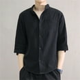 thumbnail image 1 of Handshe Men's Linen Stand - Up Collar Striped 3/4 Sleeve Shirt, 1 of 4
