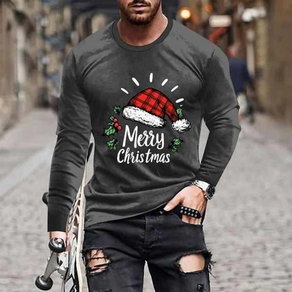 Handshe Men's Long Sleeve Casual Christmas Print Shirt, Fashionable Sportswear for Holiday Outfits and Everyday Wear