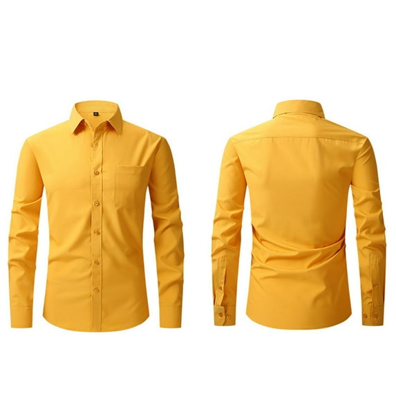 Handshe Men's Long Sleeve Casual Shirt, Wrinkle-Proof Stretch Turn-Down Collar Button Pocket Solid Color Business Fashion Shirt for Men, Outdoor Office Daily Wear,Plus Size