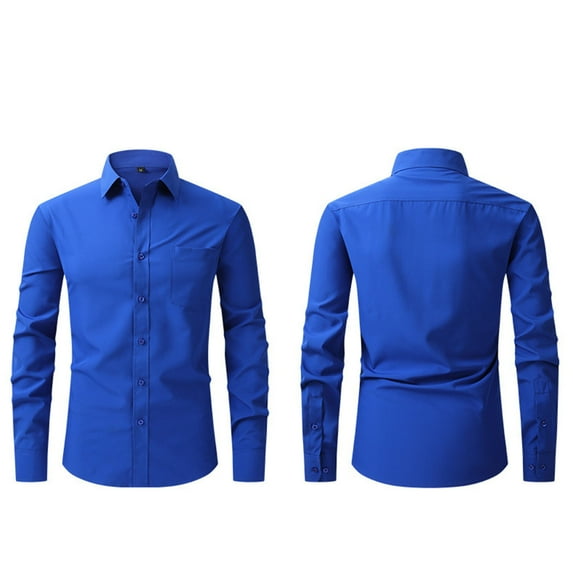 Handshe Men's Long Sleeve Casual Shirt, Wrinkle-Proof Stretch Turn-Down Collar Button Pocket Solid Color Business Fashion Shirt for Men, Outdoor Office Daily Wear,Plus Size
