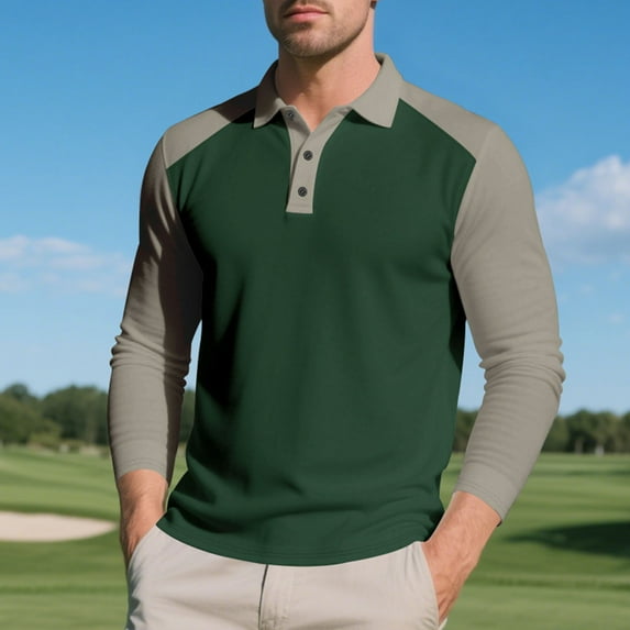 Handshe Men's Long Sleeve Collar Polo Shirt, Fashion Color Block Casual Half Button Top, Everyday Wear Business Casual Outfit,Plus Size