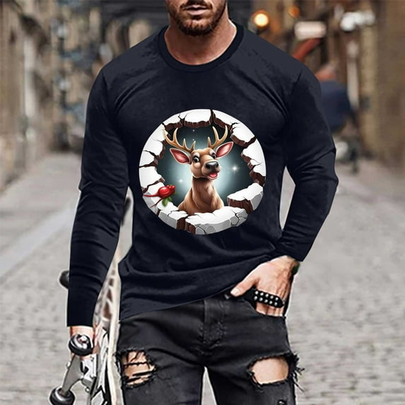 Handshe Men's Long Sleeve Crew Neck Casual Shirt, Fashionable Christmas Deer Print Athletic Fit Shirts for Holiday, Sporty Style
