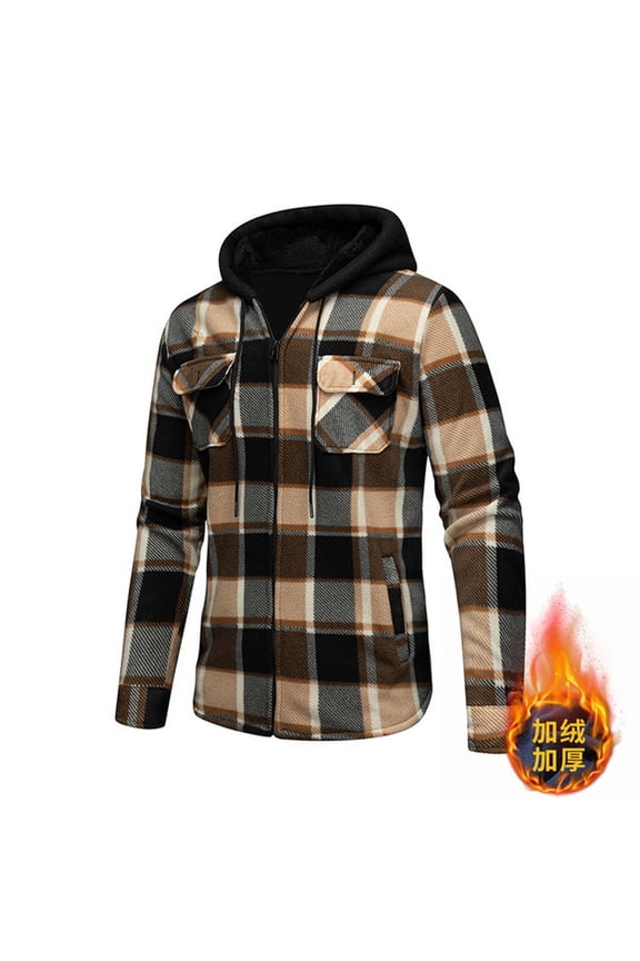 Men's Long Sleeve Flannel Shirt, Fleece-Lined Hooded Full-Zip Front with Pockets, Warm Casual Plaid Shirt Jacket for Outdoor Activities and Daily Wear