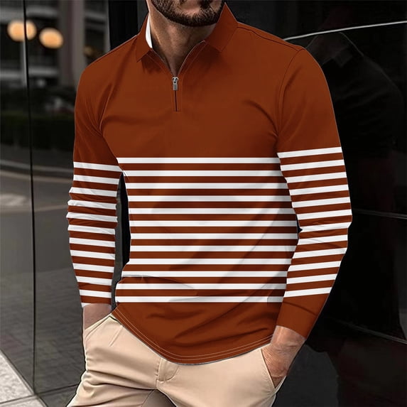 Handshe Men's Long Sleeve Full-Zip Collar Striped Print Active Shirt, Casual & Sports Wear for Outdoor Training, Daily Activities