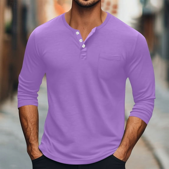 Handshe Men's Long Sleeve Henley Button Shirt, Design Solid Color Casual Shirts for Outdoor Hiking Daily Wear