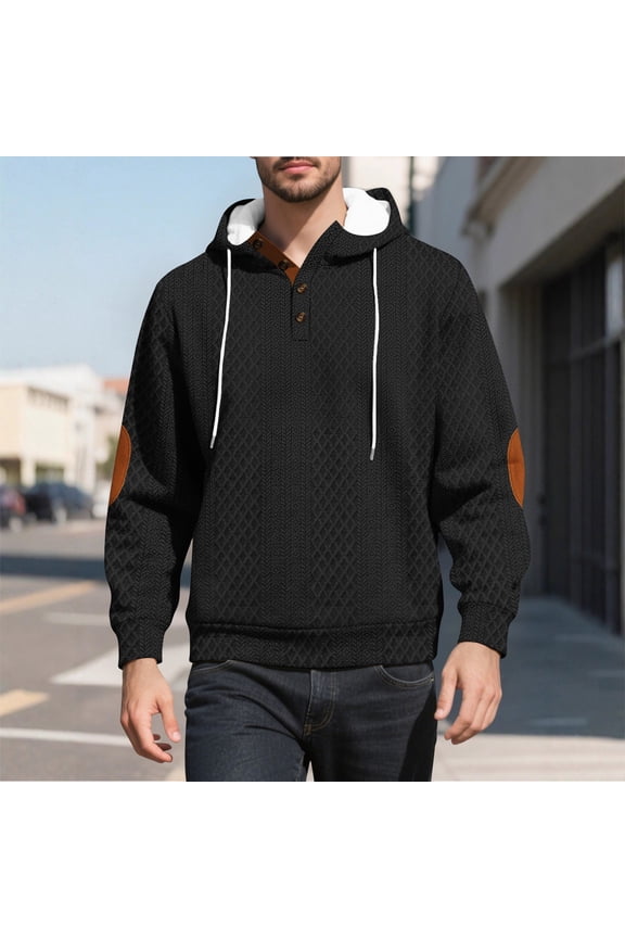 Men's Long Sleeve Hooded Button-Up Jacket, Casual Stylish Solid Jacquard Coat for Outdoor Streetwear