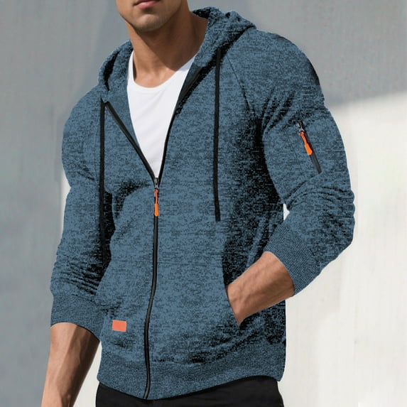 Handshe Men's Long Sleeve Hooded Jacket, Solid Color Zippered Pocket Casual Coat for Outdoor Style and Daily Wear