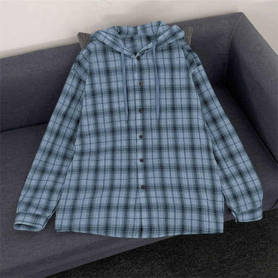 Handshe Men's Long Sleeve Hooded Shirts, Casual Stylish Checkered UPF 50+ Sun Protection Outdoor Shirts for Hiking Travel Daily Wear