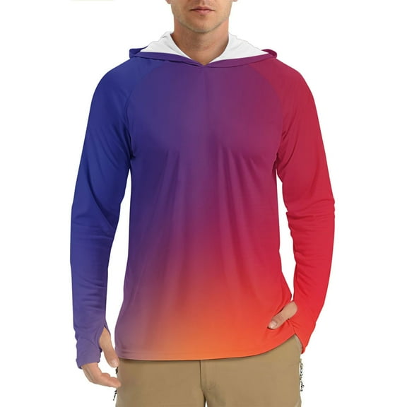 Handshe Men's Long Sleeve Hooded Sun Protection Shirts, Lightweight Breathable UPF 50  Printed Sun Protective Shirts for Men, Outdoor Hiking Camping Rash Guard,Plus Size