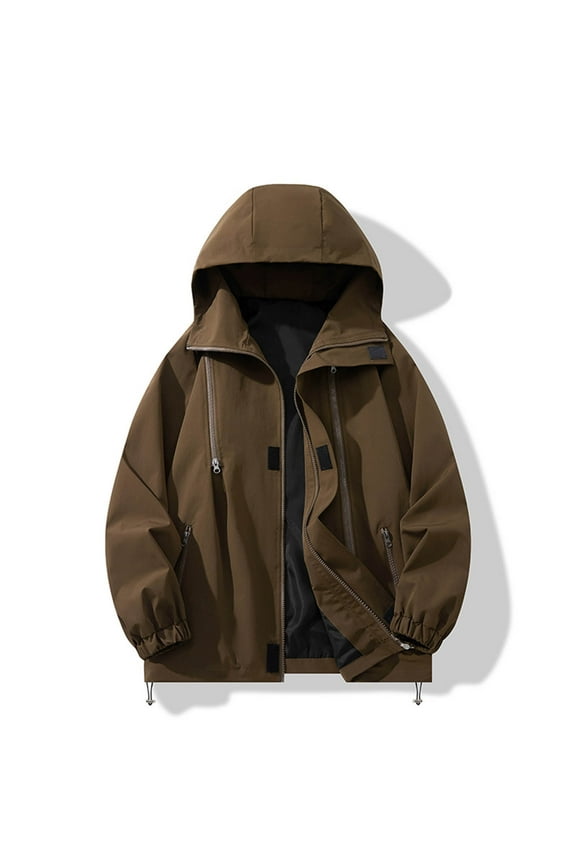 Men's Long Sleeve Hooded Work Jacket, Windproof Waterproof Outdoor Utility Coat for Hiking, Mountaineering, Camping