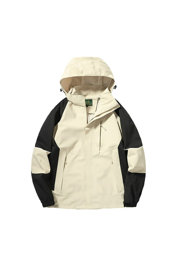 Men's Long Sleeve Hooded Workwear Jacket, Windproof Waterproof Colorblock Design Outdoor Utility Coat for Hiking Camping Adventures