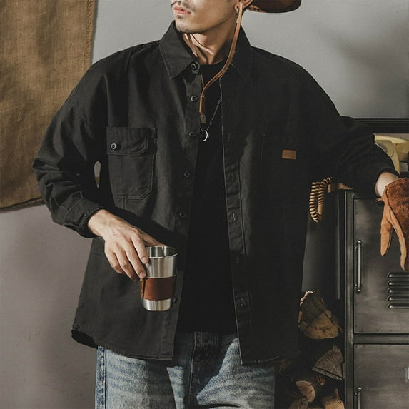 Handshe Men's Long Sleeve Shirt, Solid Color Button Pocket Retro Workwear Utility Design for Casual Outdoor Outfit