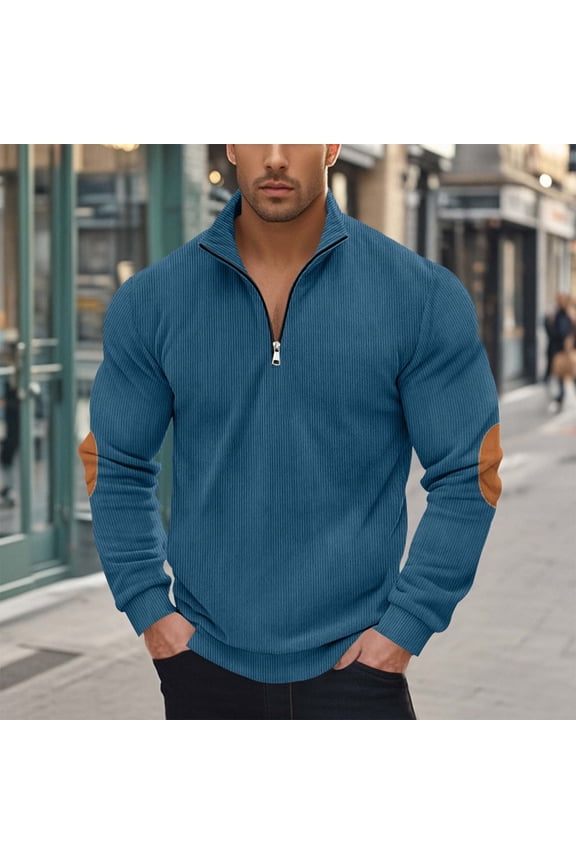 Men's Long Sleeve Shirt, Stand Collar Retro Pullover Sweatshirt with Zipper & Half Placket, Patchwork Vintage Style for Casual Wear and Outdoor Activities,Plus Size