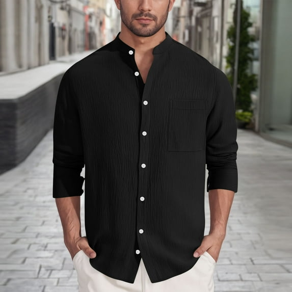 Handshe Men's Long Sleeve Shirt, Summer Solid Color Breathable Stand Collar Button-Up Pocket Shirt for Casual Outdoor, Hiking, Camping,Plus Size