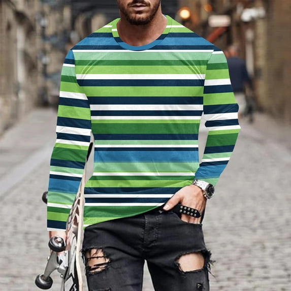 Handshe Men's Long Sleeve T-Shirt, Striped Print Pullover Crew Neck Top, Casual Daily Wear for Urban Outings and Travel,Plus Size