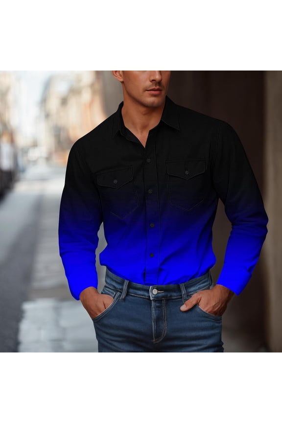 Men's Long Sleeve Work Shirt, Button-Down Collar Dual Pocket Gradient Print Casual Outdoor Workwear Shirts for Men, Daily Work Wear Apparel,Plus Size