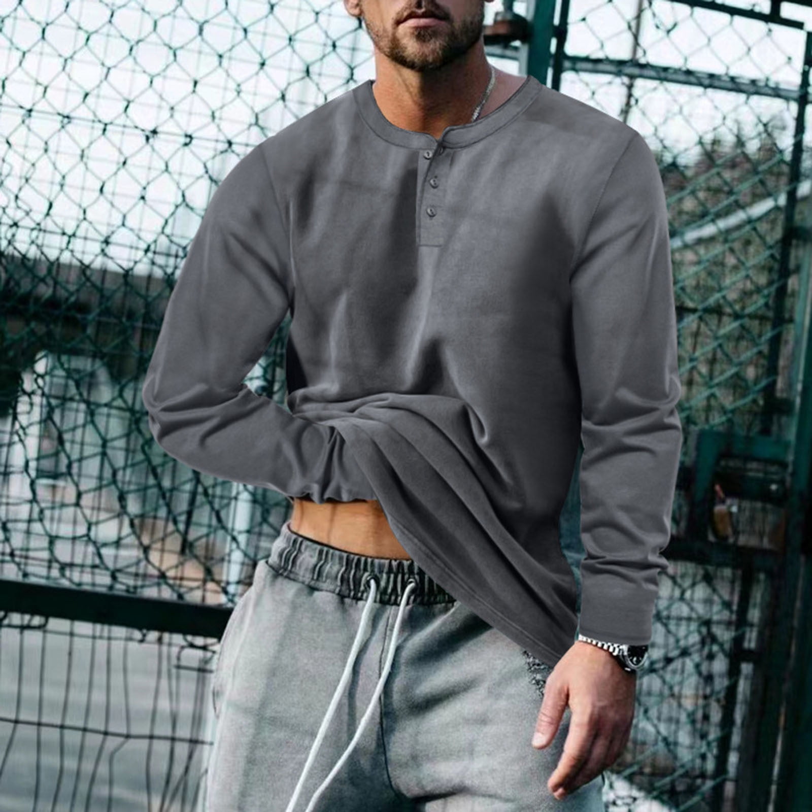 Handshe Men's Long Sleeve Workout Shirts, Solid Color Casual Loose Fit ...